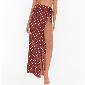 Nasty Gal Brown and White Satin We're Dot Tide Down Cover-Up Maxi Skirt